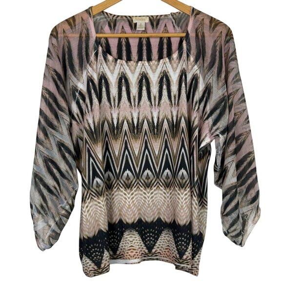 Chicos Mixed Print Top Sz 2 (12 14 Large) Sheer Sleeves Embellished 3/4 Sleeve - Picture 1 of 12